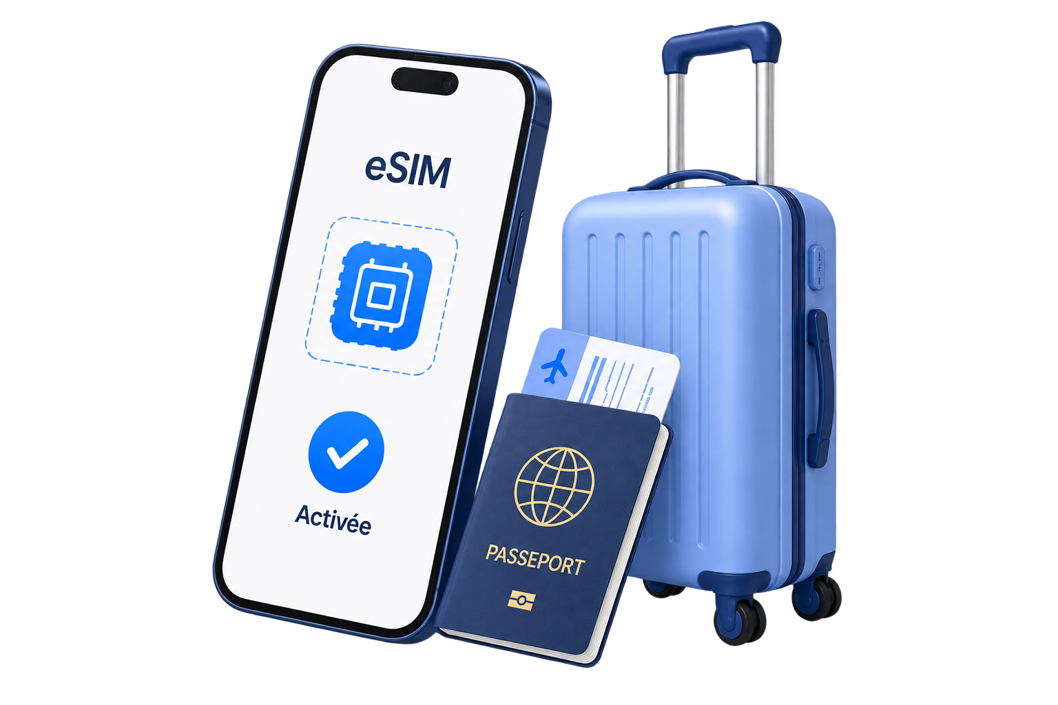 Téléphone avec eSIM activée, passeport, billet d'avion et valise