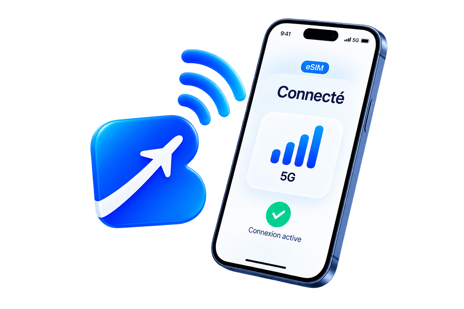 Téléphone affichant une eSIM BeReady connectée en 5G