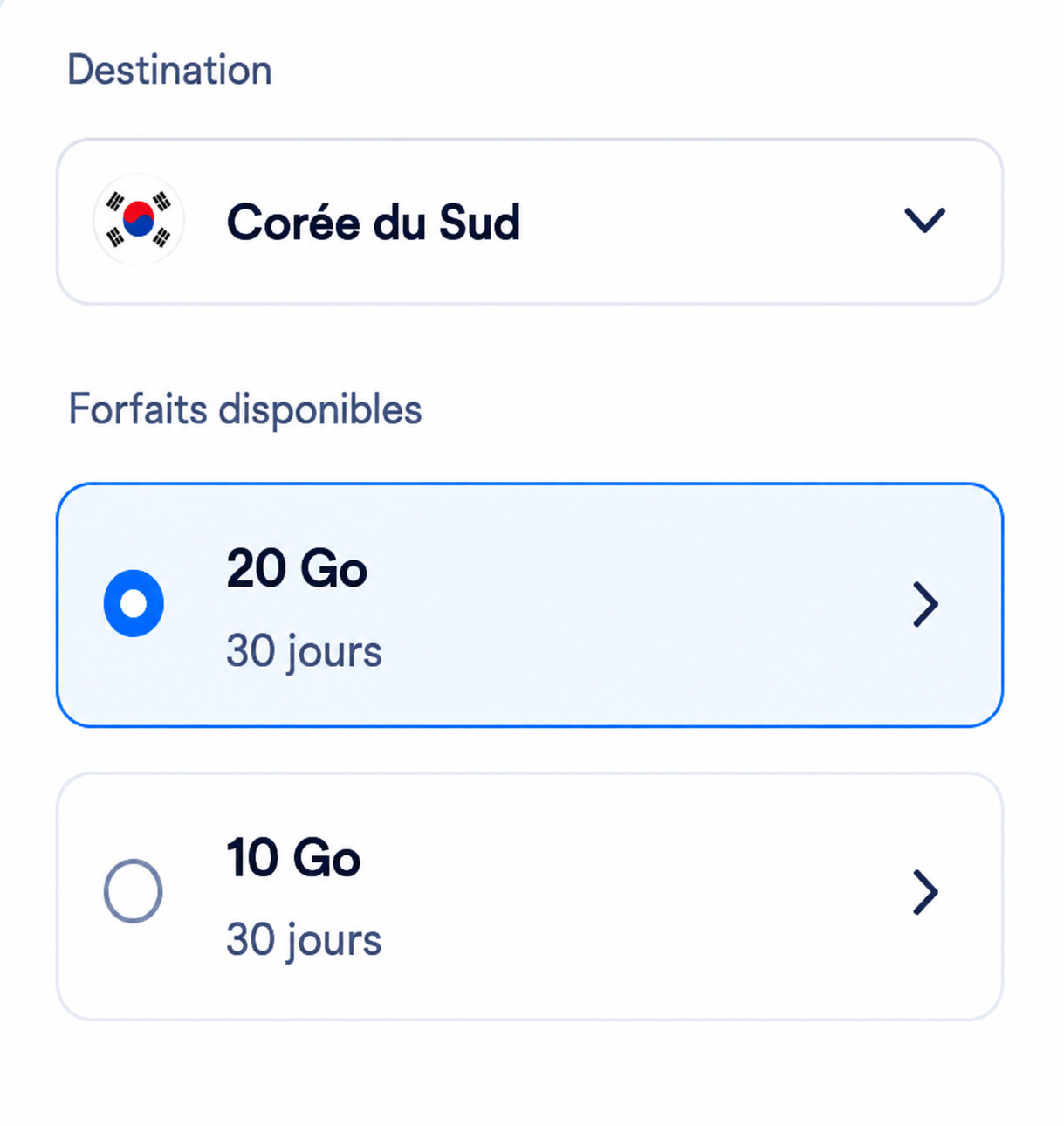 Étape 1 : choisir une destination et un forfait de données